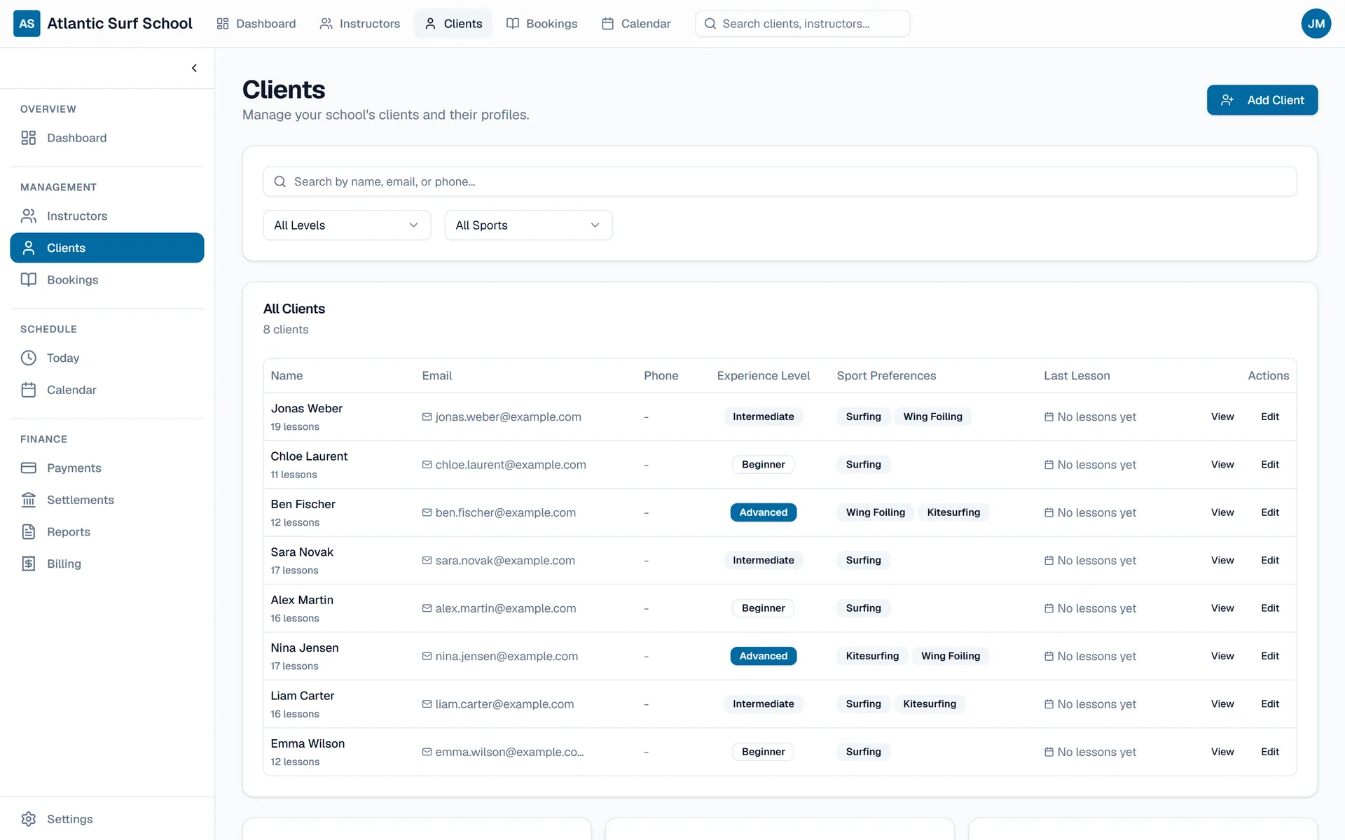 Clients list with levels and sport preferences